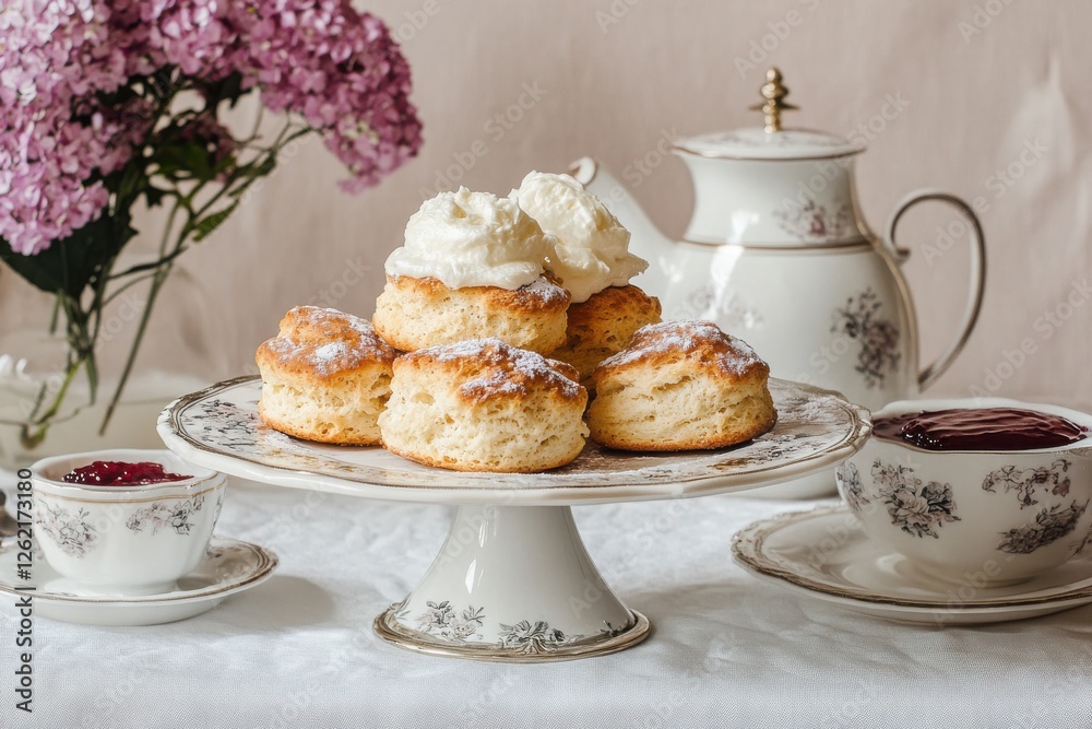 Freshly Baked Scones with Cream and Jam Set on Elegant Table Freshly Baked Scones with Cream and Jam Set on Elegant Table
