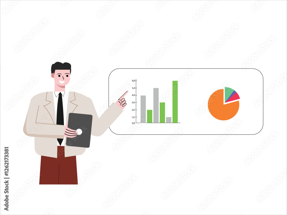 Man worker is presenting her analysis results. Man worker is looking at statistics, chart, sales increase, invest, company success. Flat design vector illustration isolated on white background Man worker is presenting her analysis results. Man worker is looking at statistics, chart, sales increase, invest, company success. Flat design vector illustration isolated on white background