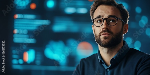 A businessman presenting e-commerce growth analytics on a digital screen, with a futuristic blue-toned background and space for branding elements
