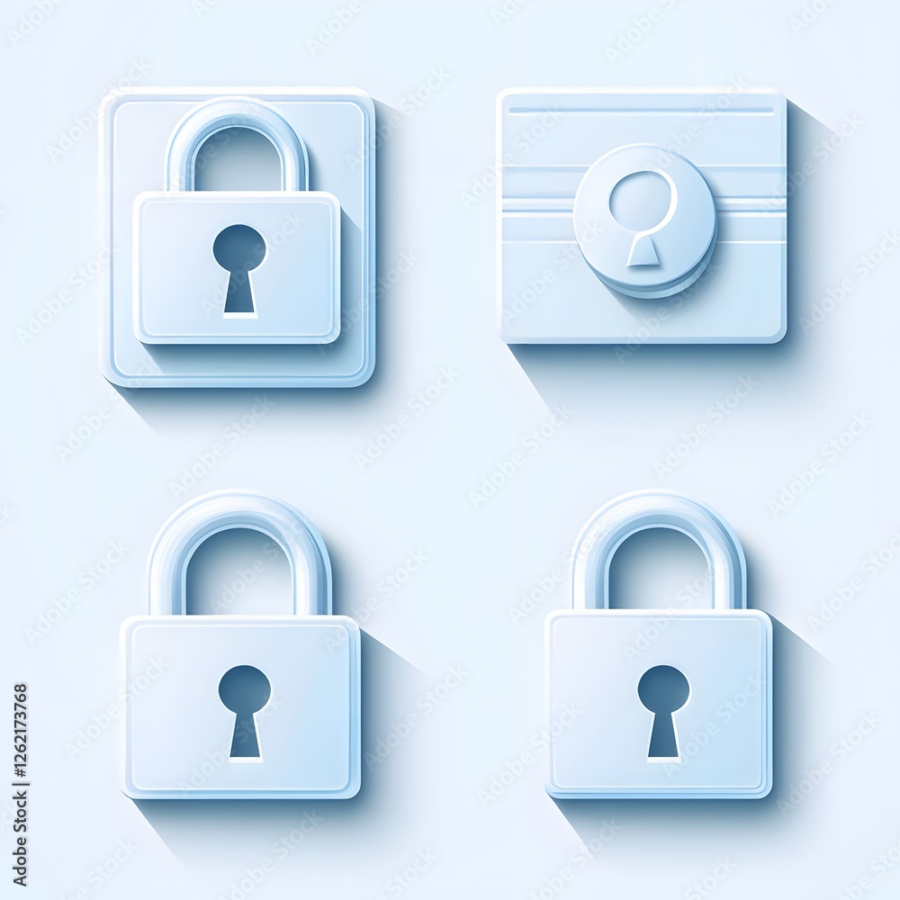 Light Blue 3D Security Icons on Light Background Light Blue 3D Security Icons on Light Background