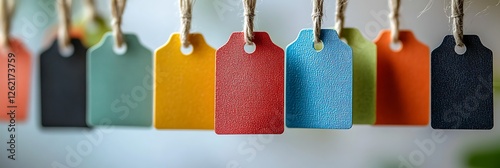 A creative display of hanging price tags in different colors and materials, representing versatile retail pricing options, with space for text