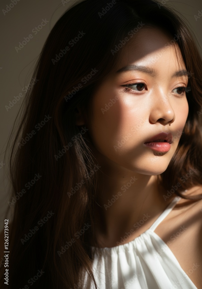 Thoughtful young woman in soft light with natural makeup and white top Thoughtful young woman in soft light with natural makeup and white top