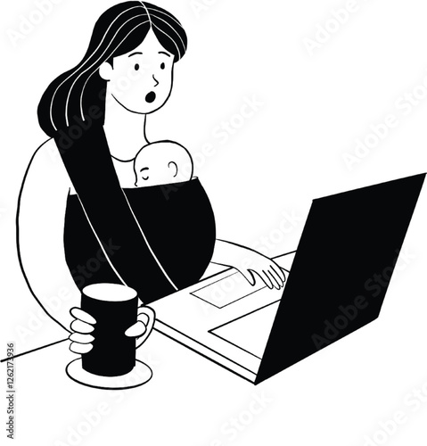 working mom typing on laptop with baby carrier