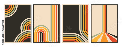 Vintage road stripe line posters, 70s 80s retro funky rainbow shape background. Vector vertical cards featuring bold curved and linear stripes in muted earth tones like orange, yellow, green and beige