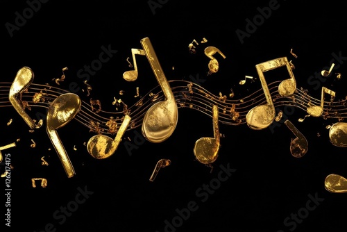 Golden music notes swirl and float elegantly over a dark backdrop, symbolizing the beauty of melody and harmony in sound, gold music note curve moves, alpha channel photo