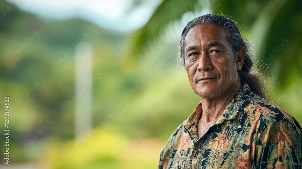 A striking portrait of a middle-aged Indigenous man with long hair, set against a lush, green backdrop, showcasing a serene expression and cultural richness. A striking portrait of a middle-aged Indigenous man with long hair, set against a lush, green backdrop, showcasing a serene expression and cultural richness.