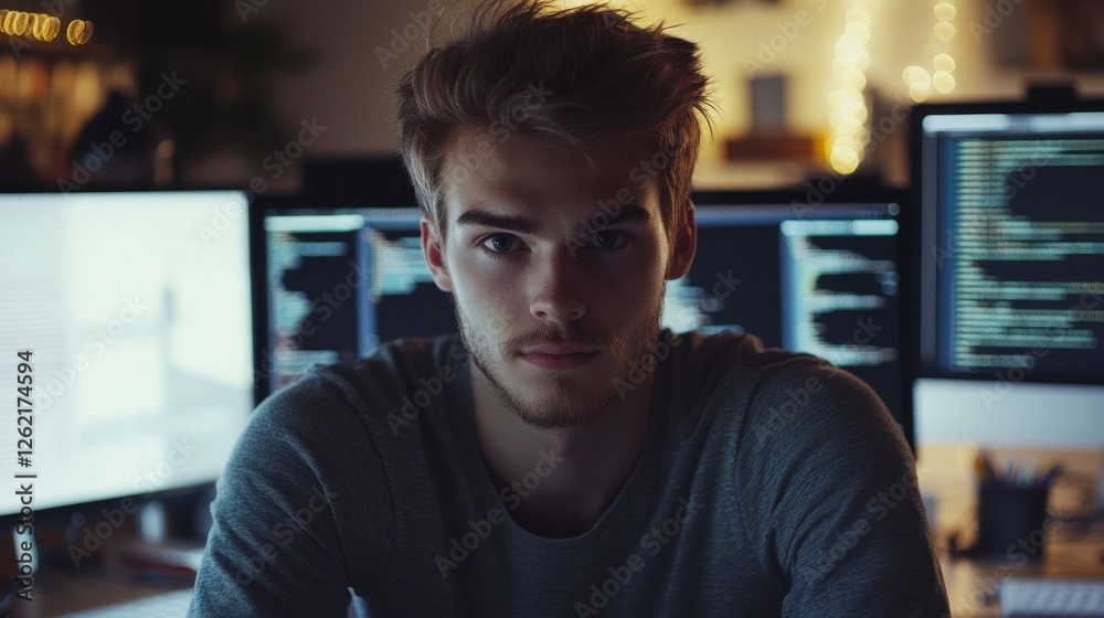 A young male programmer sits in his modern workspace, focused on coding. Surrounded by monitors, he embodies creativity and determination in the digital world. A young male programmer sits in his modern workspace, focused on coding. Surrounded by monitors, he embodies creativity and determination in the digital world.