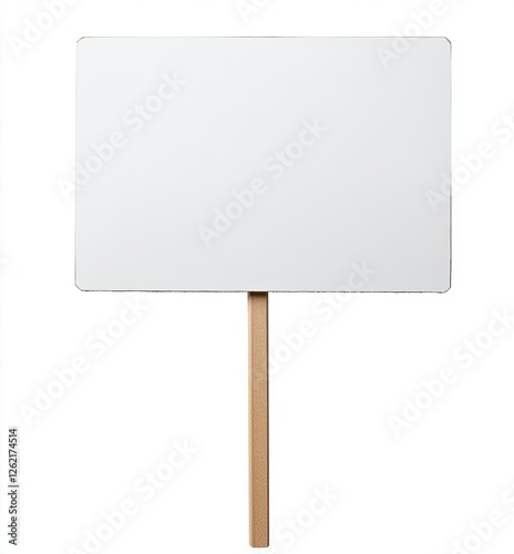 Blank protest sign, wooden stick, white background, demonstration