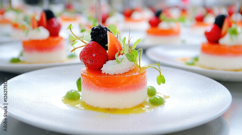 Delicate Dessert with Fresh Fruits and Cream on a Fine Dining Plate Delicate Dessert with Fresh Fruits and Cream on a Fine Dining Plate