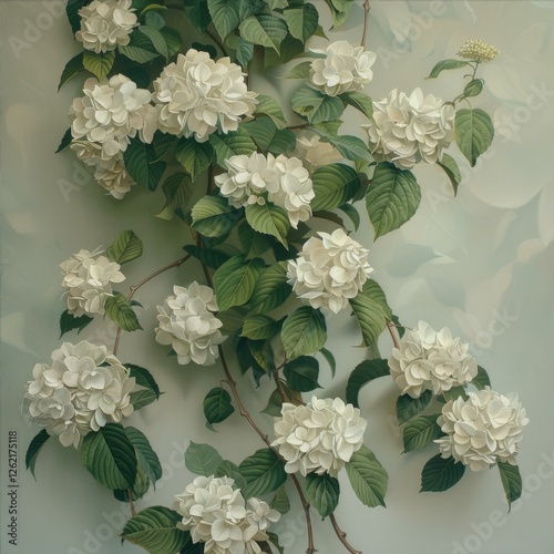 White Hydrangea Blossoms Cascading Elegantly Downward in a Serene Botanical Setting photo