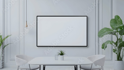 Digital signage mockup hanging in a minimalist meeting room with a clean, modern design.