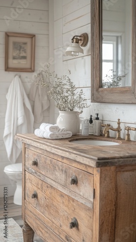 Decorated with a rustic wood vanity and vintage mirrors, this charming bathroom boasts pastel-colored accessories, inviting relaxation in a tranquil environment suited for rejuvenation