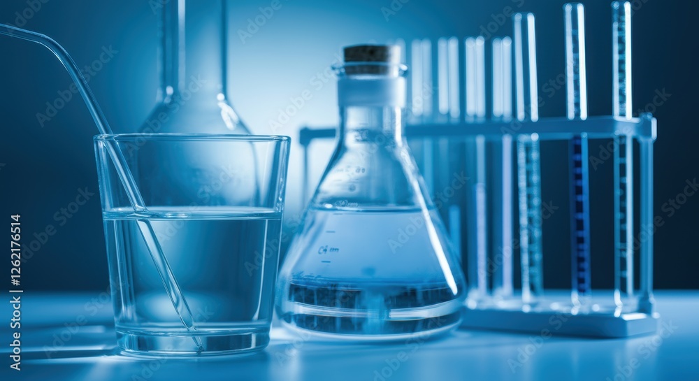 Laboratory glassware with liquids and test tubes in a scientific setting Laboratory glassware with liquids and test tubes in a scientific setting