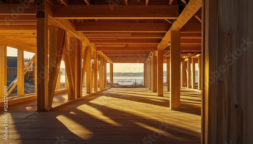 Golden Hour Construction: Wooden Frame Building Under Construction by the Lake