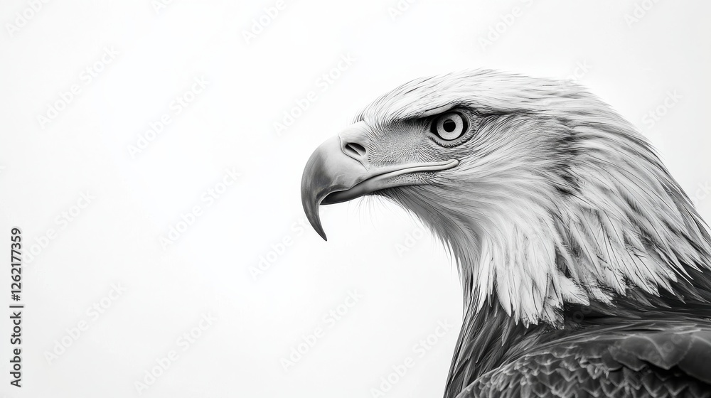 Majestic Bald Eagle in Profile Against Soft White Background Majestic Bald Eagle in Profile Against Soft White Background