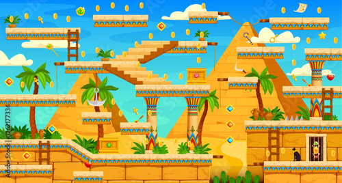 Ancient Egypt 2d arcade game level map interface. Egyptian pyramids, platform and stone stairs, coins and gem bonus, trap and snare. Adventurous gameplay with palm trees, ladders and ancient artifacts