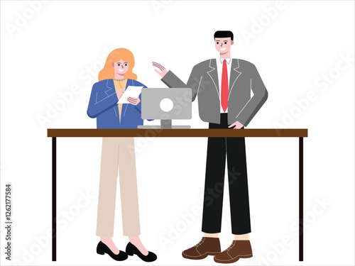 Team of female business workers taking notes of ideas from boss during discussion meeting. Boss giving suggestions to employees. Flat design vector illustration isolated on white background