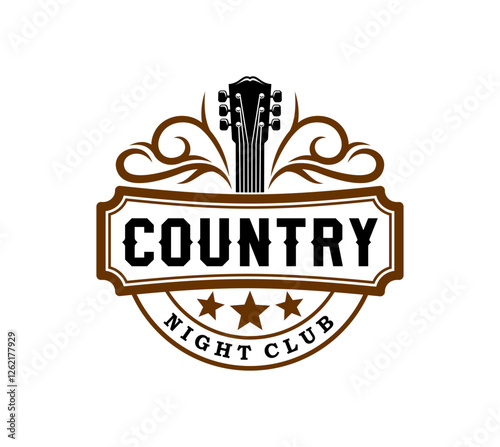 Country music night club icon or symbol. American cowboy music band badge or vector icon, western live signing concert or country musicians festival sign with vintage typography and acoustic guitar