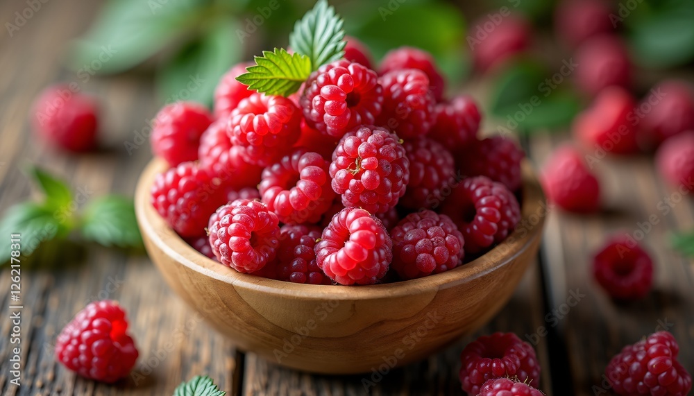 Fresh ripe raspberries in a wooden bowl on a rustic table Fresh ripe raspberries in a wooden bowl on a rustic table