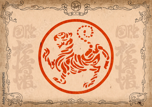 Poster, certificate, diplom karate . Old vintage paper texture background art design.