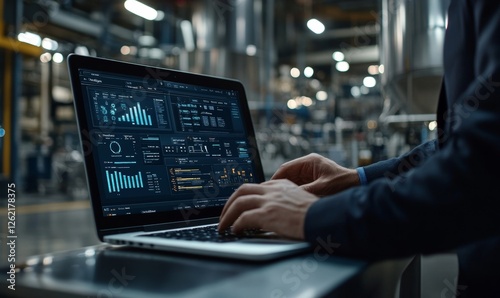 Businessman Interacting with a Product Lifecycle Management (PLM) System Interface on a Laptop for Efficient Workflow, Generative AI