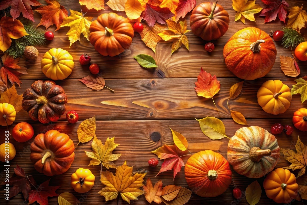 Fototapeta premium Autumnal Harvest Abundance A Rustic Wooden Table Display Featuring Vibrant Pumpkins and Colorful Fall Foliage