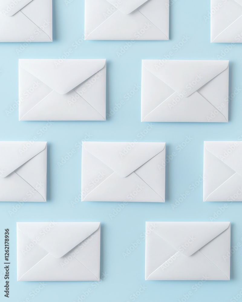 A flat lay of white envelopes arranged neatly on a soft blue background, creating a clean and minimalist aesthetic. A flat lay of white envelopes arranged neatly on a soft blue background, creating a clean and minimalist aesthetic.