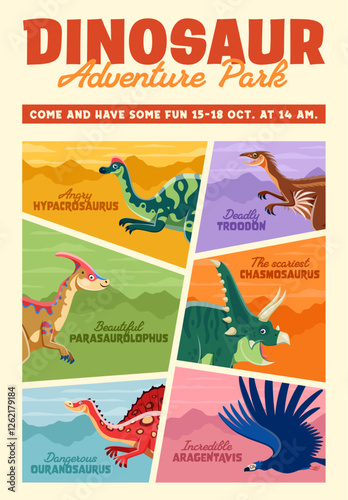 Dinosaurs adventure amusement park vintage poster with prehistoric lizards, cartoon vector. Kids dino park or paleontology museum exhibition vintage poster with Jurassic dinosaurs and lizard reptiles