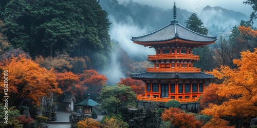Ethereal Harmony Ancient Temple Tranquility in Japanese Mountains - Fantasy, Generative AI