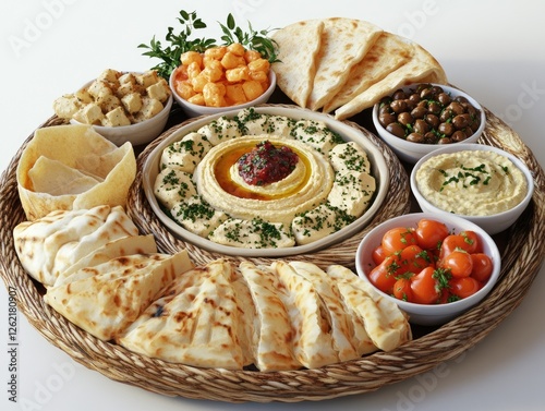 Mediterranean meze platter with hummus, pita bread, and olives photo