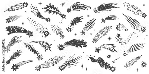 Christmas starburst shooting stars, falling meteors and comets with trails and tail silhouettes. Vectors black doodle cosmic falling asteroids with traces, streaks of light, magic energy in space