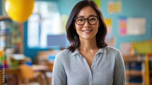 A portrait of a middle-aged Asian woman with glasses standing confidently in a colorful classroom. Her warm smile and professional appearance embody a supportive learning environment.