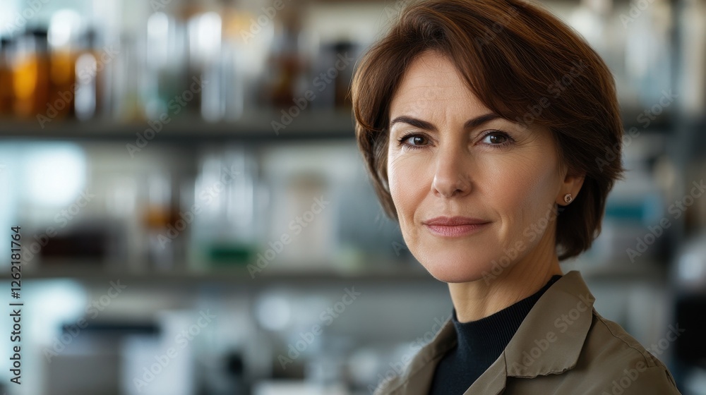 This portrait features a confident middle-aged woman in a professional lab setting. Her serious expression conveys intelligence and focus amidst various research materials. This portrait features a confident middle-aged woman in a professional lab setting. Her serious expression conveys intelligence and focus amidst various research materials.