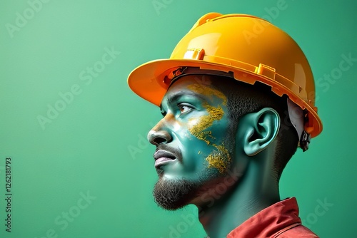 Colorful Man in Hard Hat - Artistic Portrait with Bold Makeup photo