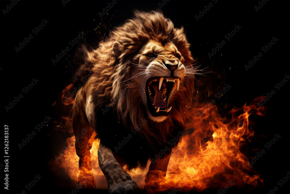 Naklejka premium lion fire on black background.