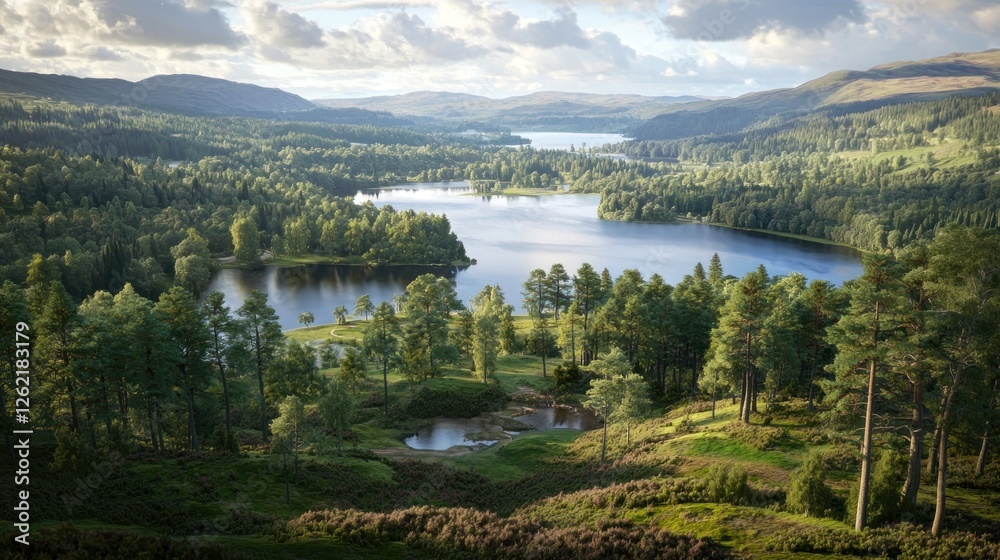 Fototapeta premium Scottish Highland Lake Valley Vista at Sunset