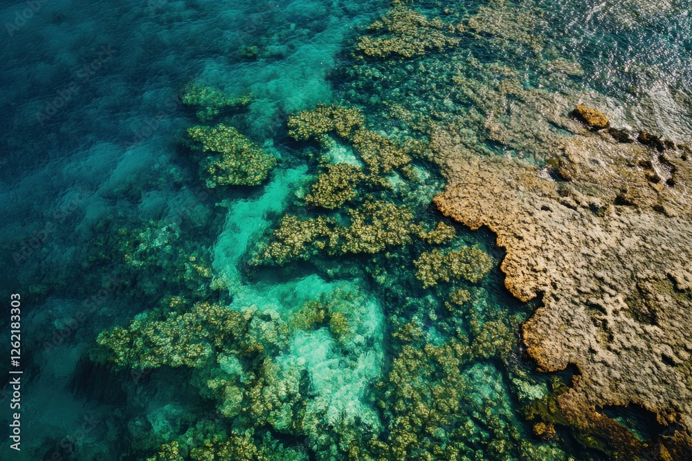 Obraz premium Explore vibrant coral reefs along the stunning Hanalei Bay shoreline in Kauai, USA, Aerial coral reef Hanalei Bay shoreline Kauai USA