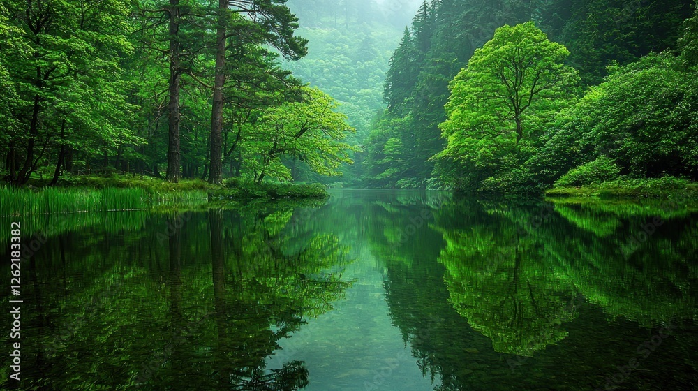 Serene forest reflecting in tranquil mountain lake Serene forest reflecting in tranquil mountain lake