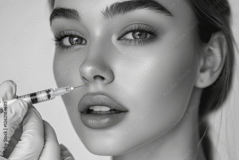 Obraz premium Cosmetologist doing injections for lips augmentation and anti wrinkle in nasolabial folds of young woman, closeup, Generative AI