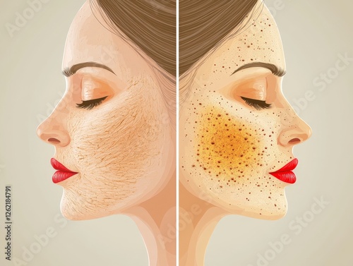 Split image of a woman’s face showcasing skin pigmentation issues and clear skin, representing dermatological care, skincare solutions, and the transformation of beauty health