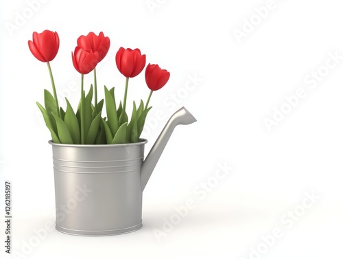 Wallpaper Mural Close up of vibrant red tulips arranged in a metallic watering can, evoking spring freshness, gardening aesthetics, and floral beauty for cheerful seasonal compositions Torontodigital.ca