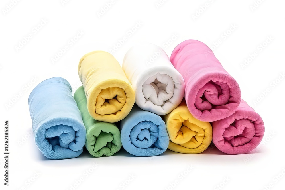 Colorful Rolled Towels Stacked on White Background Colorful Rolled Towels Stacked on White Background