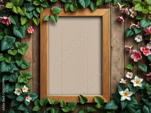 Generative A.I. crafts a rustic wooden frame adorned with lush green leaves and delicate pink blossoms, blending nature's charm with rustic artistry