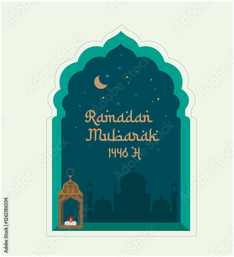 Ramadan mubarak over a window opening to the night sky