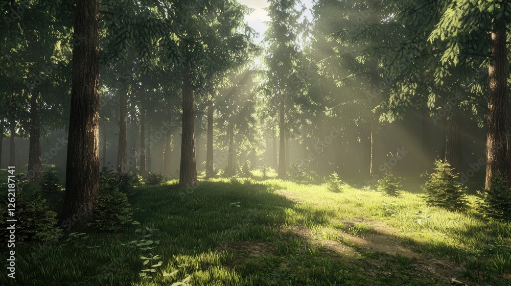 Fototapeta premium Sunlight streaming through a dense forest, illuminating a serene clearing with lush greenery. The peaceful woodland atmosphere creates a magical ambiance. Generative AI.