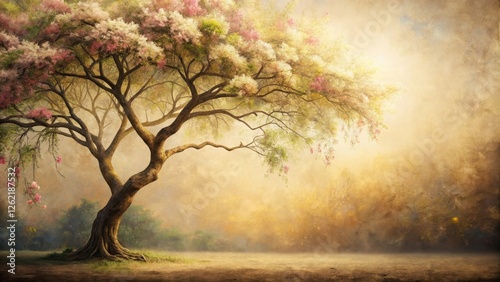 Serene Landscape Featuring a Majestic Blooming Tree in a Misty Golden Light