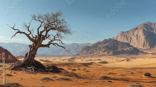 Lone desert tree, mountains backdrop, sunrise, arid landscape, travel photography photo