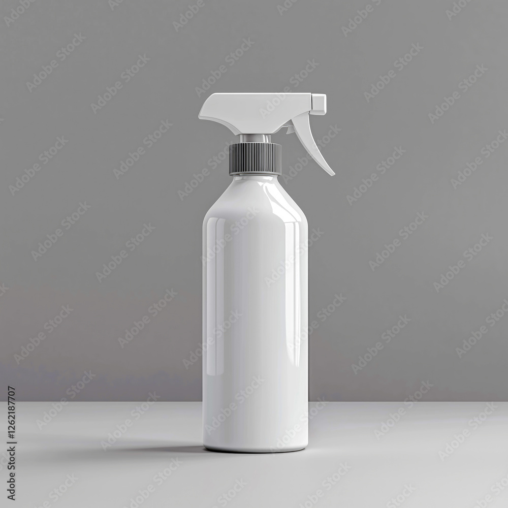 White spray bottle with a clear cap sits on a grey surface White spray bottle with a clear cap sits on a grey surface