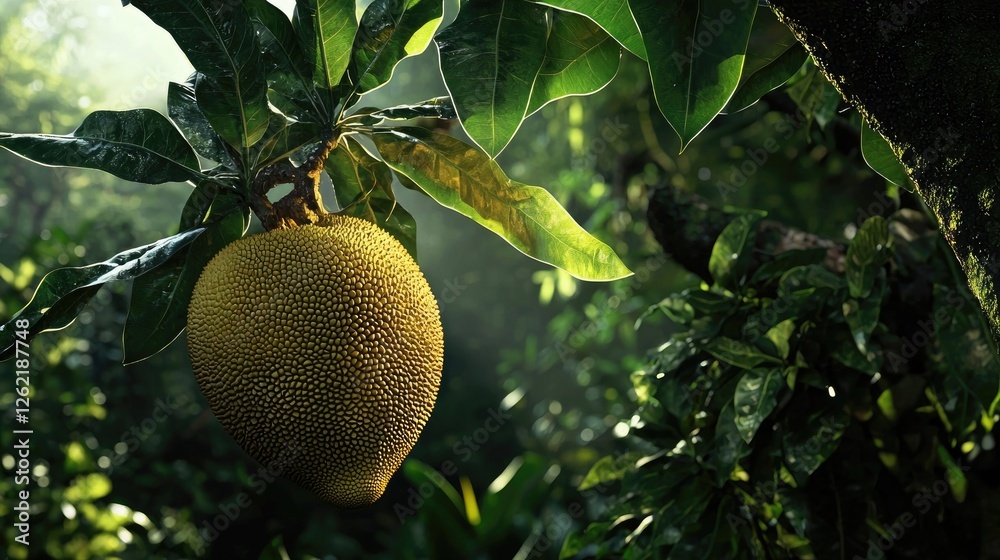 Large jackfruit hanging from a tree in a tropical rainforest. Dense green foliage and misty background create a lush and exotic jungle atmosphere. Generative AI.