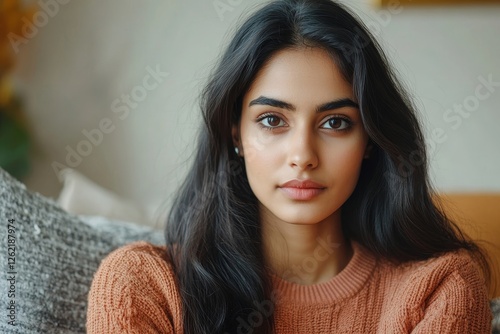 Indian woman calming upset offended guy, support and caring, sitting on sofa at home, free space. Sorry after quarrel, relationship problems, bad news, Generative AI photo